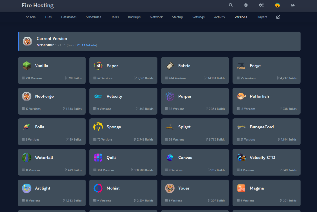 Fire Hosting panel, version page