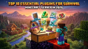 Cinematic 3D render of a Minecraft survival chest filled with magical items, representing the top essential plugins for a multiplayer server.
