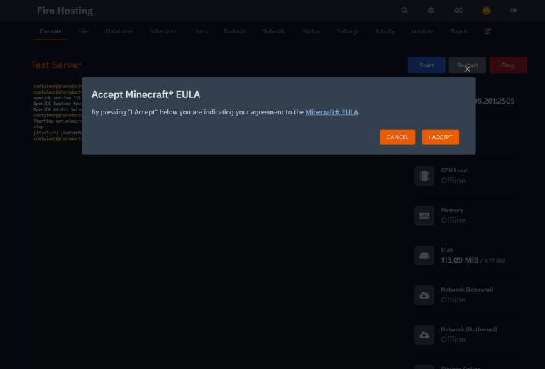 Iniciando o servidor e aceitando o EULA do Minecraft no painel de controle